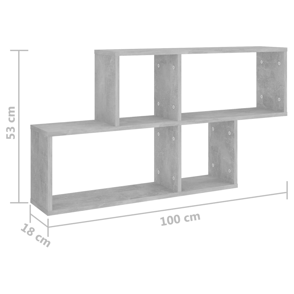 betonszürke szerelt fa fali polc 100 x 18 x 53 cm