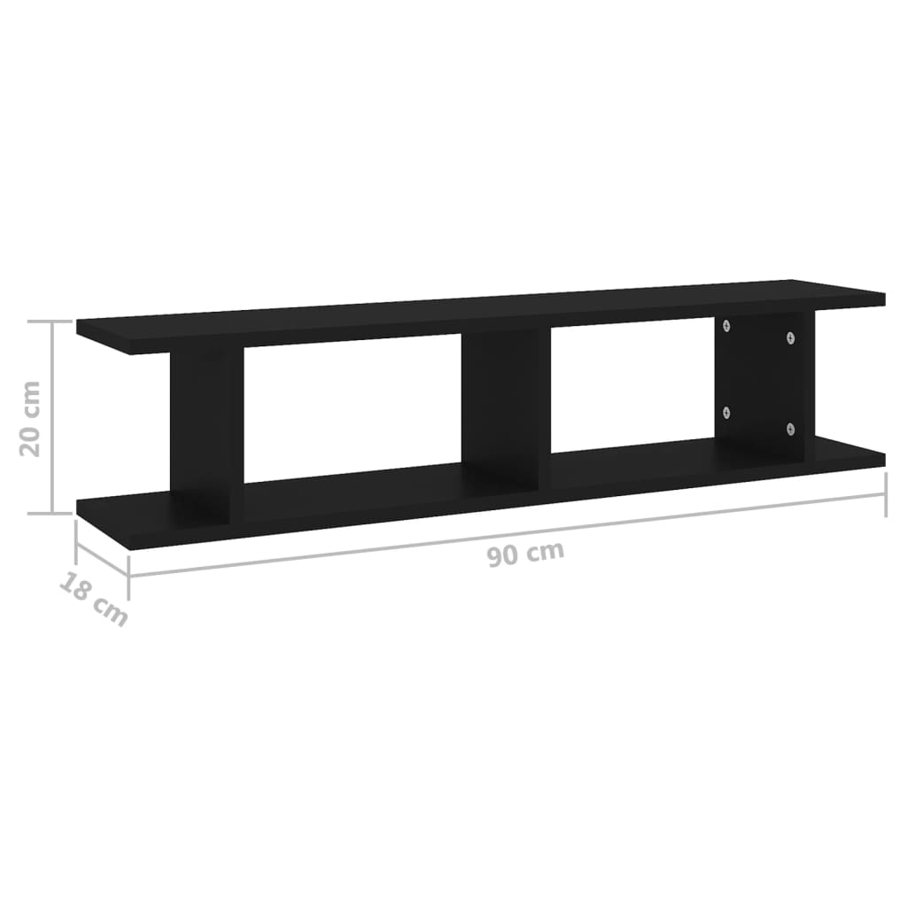 2 db fekete forgácslap fali polc 90 x 18 x 20 cm