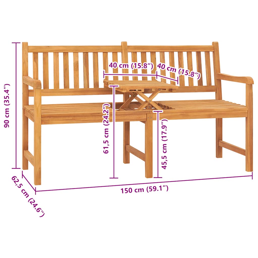 3 személyes tömör tíkfa kerti pad asztallal 150 cm