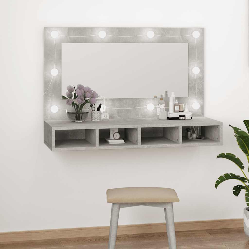 betonszürke tükrös szekrény LED-ekkel 90 x 31,5 x 62 cm