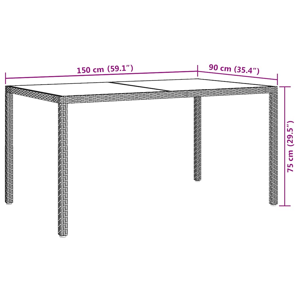fekete polyrattan és edzett üveg kerti asztal 150 x 90 x 75 cm