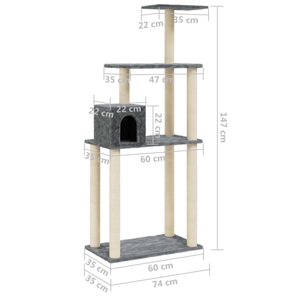sötétszürke macskabútor szizál kaparófákkal 147 cm