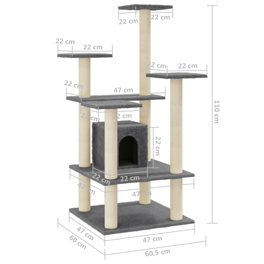 sötétszürke macskabútor szizál kaparófákkal 110 cm