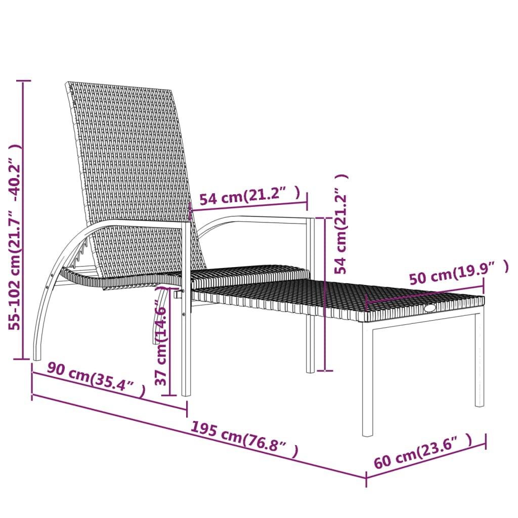 2 db fekete polyrattan napozóágy lábtartóval