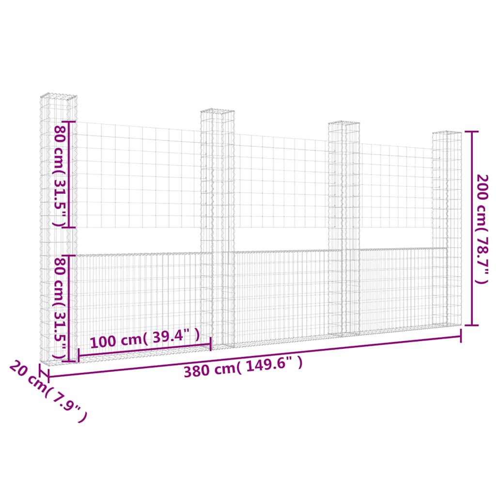 U-alakú vas gabionkosár 4 oszloppal 380 x 20 x 200 cm