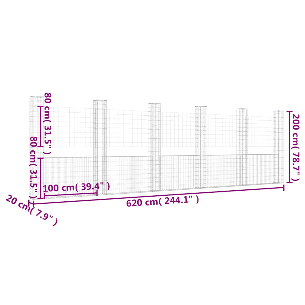 U-alakú vas gabionkosár 6 oszloppal 620 x 20 x 200 cm