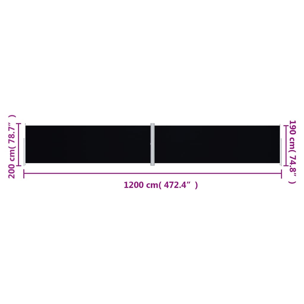 fekete behúzható oldalsó napellenző 200 x 1200 cm