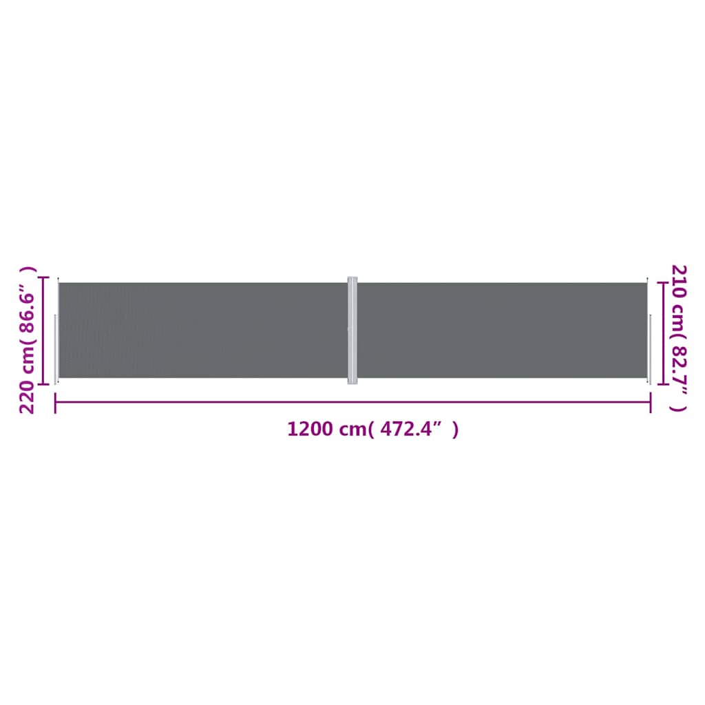antracitszürke behúzható oldalsó napellenző 220 x 1200 cm