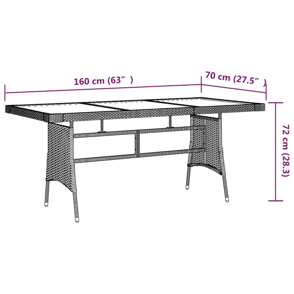 szürke polyrattan és tömör akácfa kerti asztal 160 x 70 x 72 cm