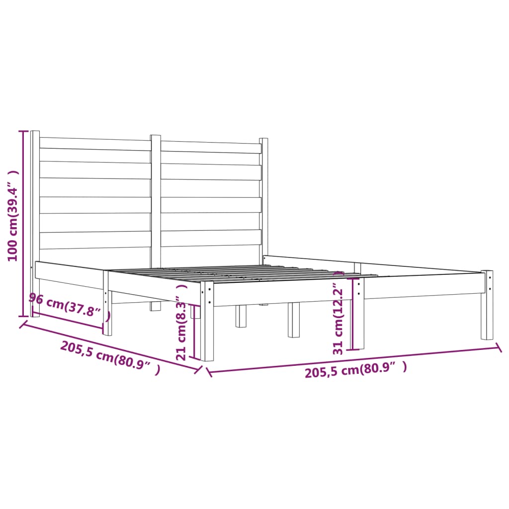 fekete tömör fenyőfa ágykeret 200 x 200 cm