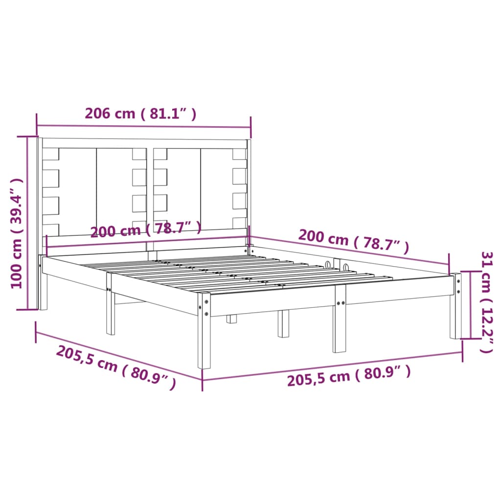fekete tömör fenyőfa ágykeret 200 x 200 cm