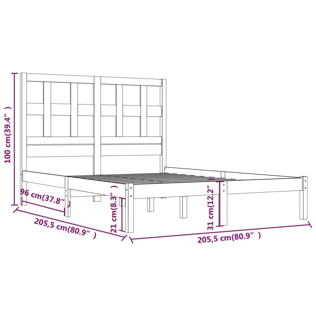 fekete tömör fenyőfa ágykeret 200 x 200 cm