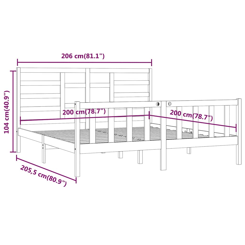 fekete tömör fenyőfa ágykeret 200x200 cm