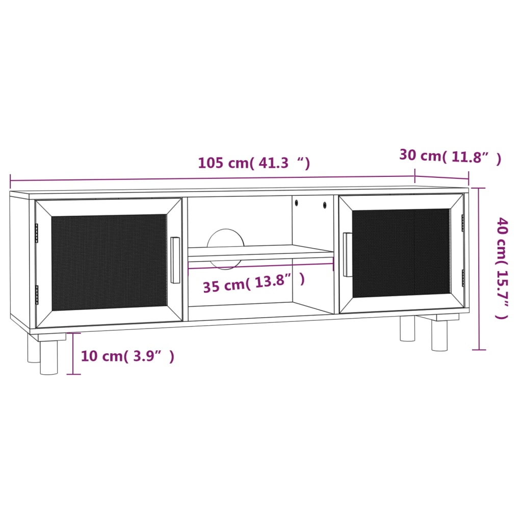 fehér fenyőfa és természetes rattan TV-szekrény 105x30x40 cm