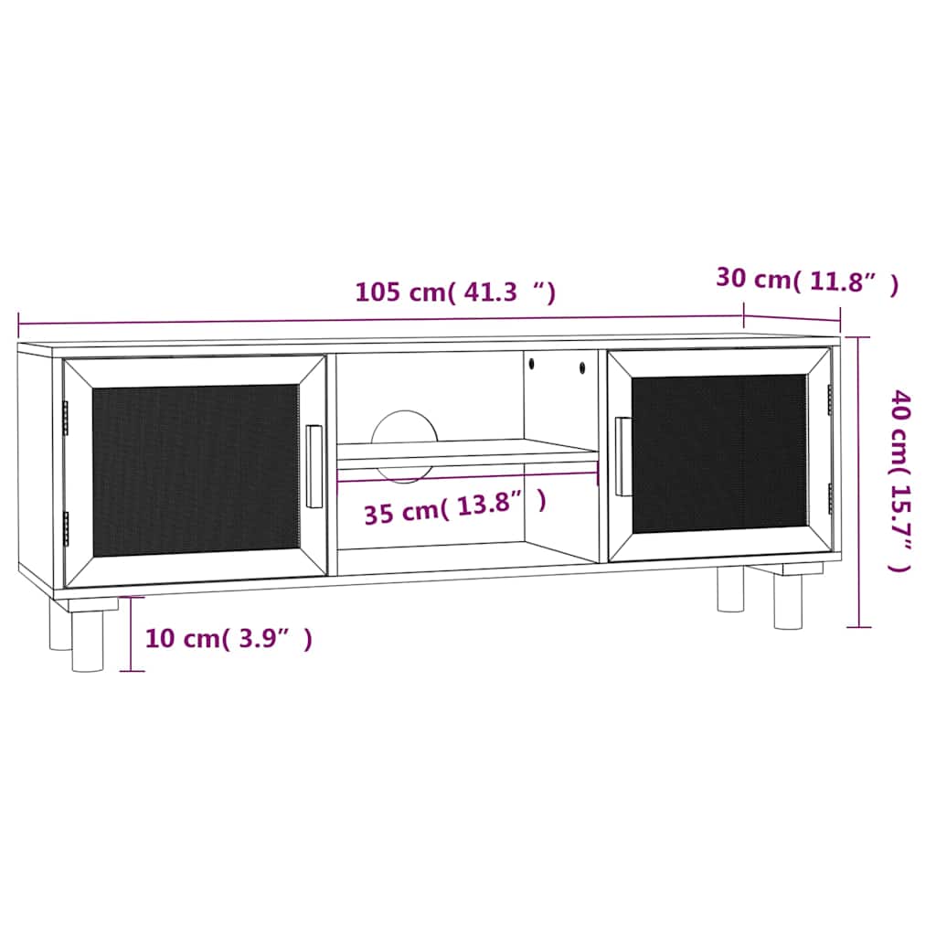fekete fenyőfa és természetes rattan TV-szekrény 105x30x40 cm