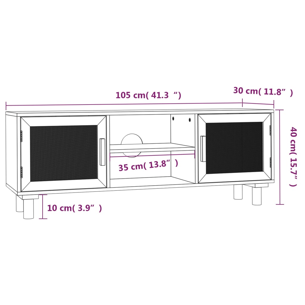 barna fenyőfa és természetes rattan TV-szekrény 105x30x40 cm
