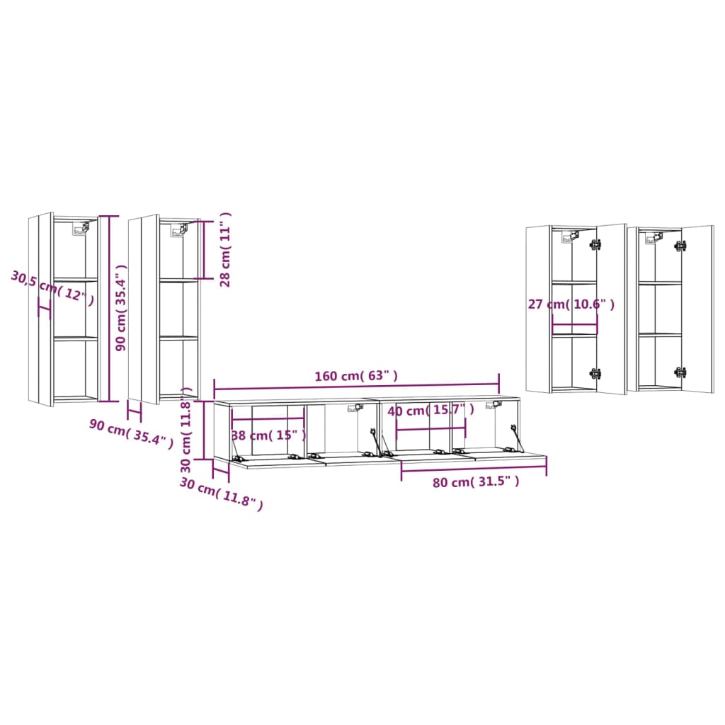 6 részes fehér szerelt fa TV-szekrényszett