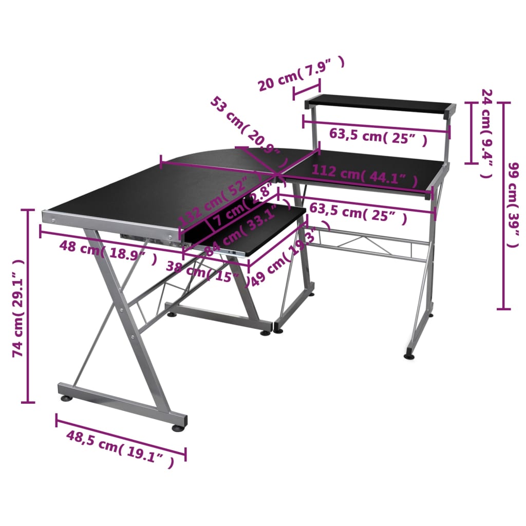 fekete szerelt fa sarok számítógépasztal 132 x 112 x 99 cm