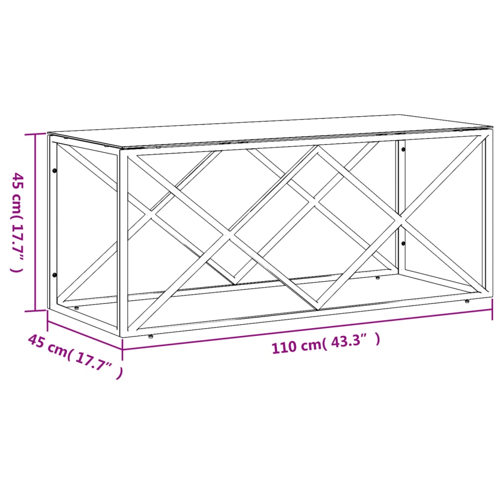 üveg és rozsdamentes acél dohányzóasztal 110x45x45 cm