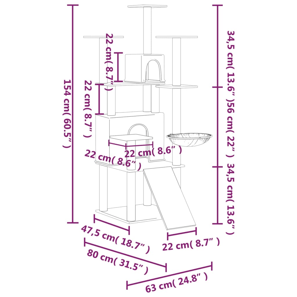 krémszínű macskabútor szizál kaparófákkal 154 cm
