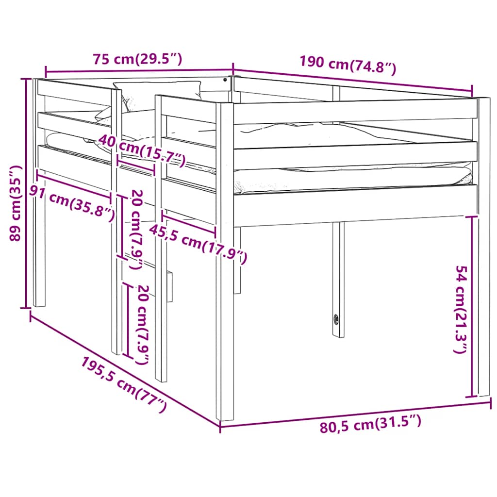 tömör fenyőfa magasított ágy 75x190 cm