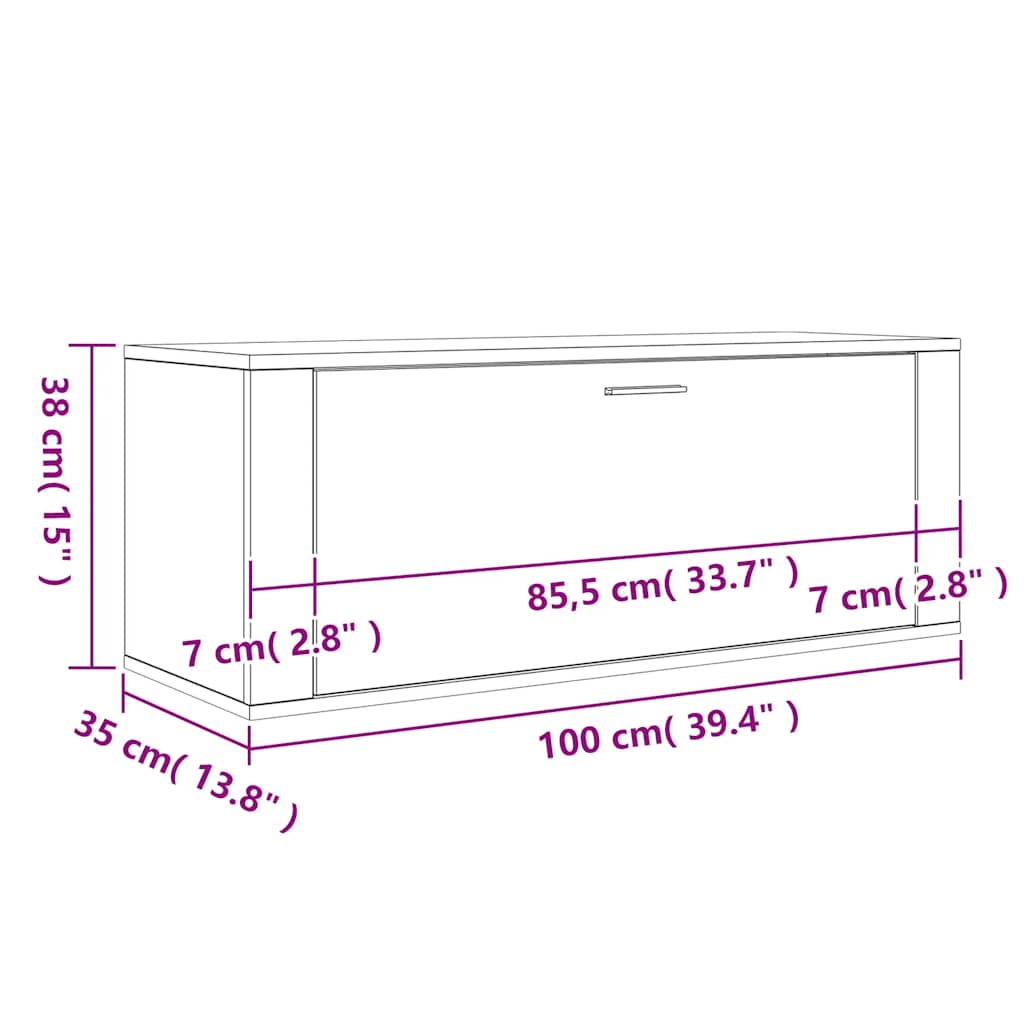 betonszürke szerelt fa fali cipőszekrény 100x35x38 cm