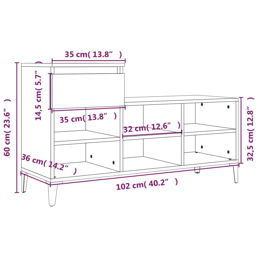 füstös tölgy színű szerelt fa cipősszekrény 102 x 36 x 60 cm