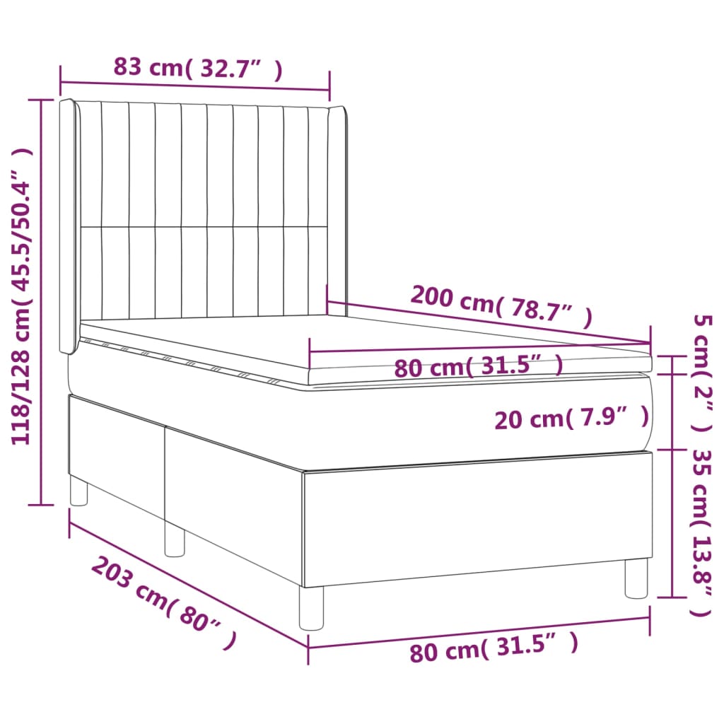 világosszürke szövet rugós és LED-es ágy matraccal 80 x 200 cm