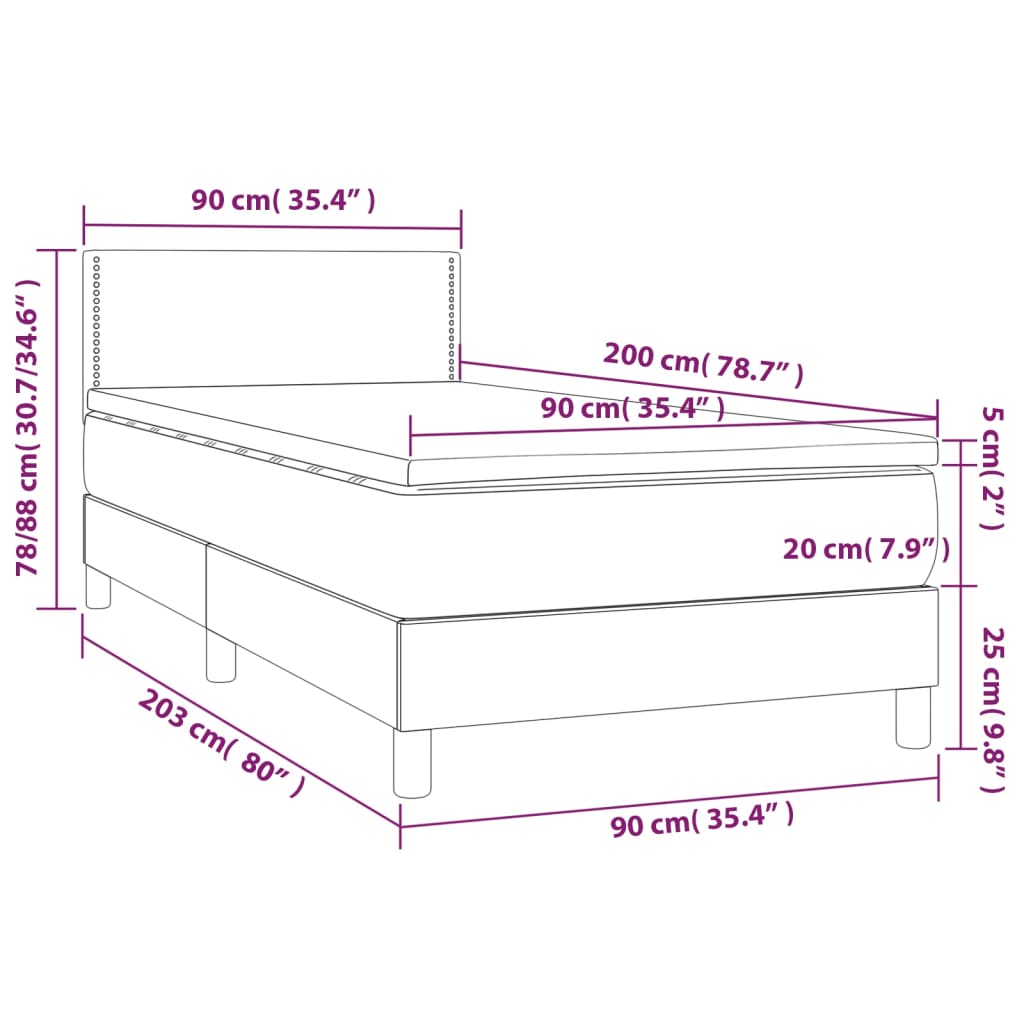 tópszínű szövet rugós és LED-es ágy matraccal 90x200 cm