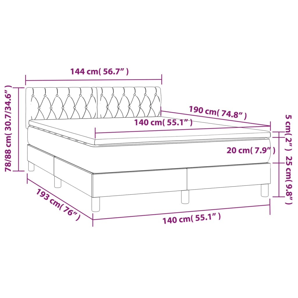 tópszínű szövet rugós és LED-es ágy matraccal 140x190cm