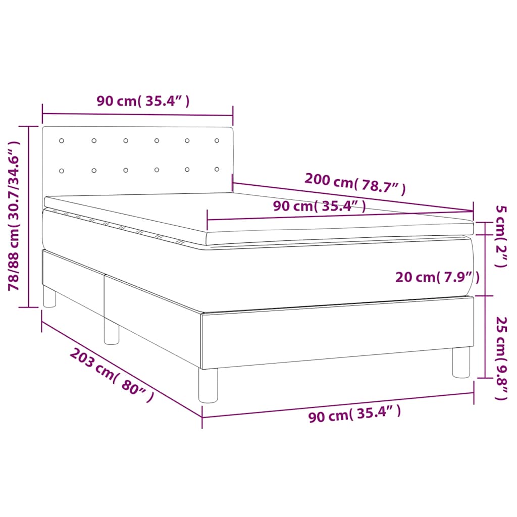 fekete szövet rugós és LED-es ágy matraccal 90x200 cm