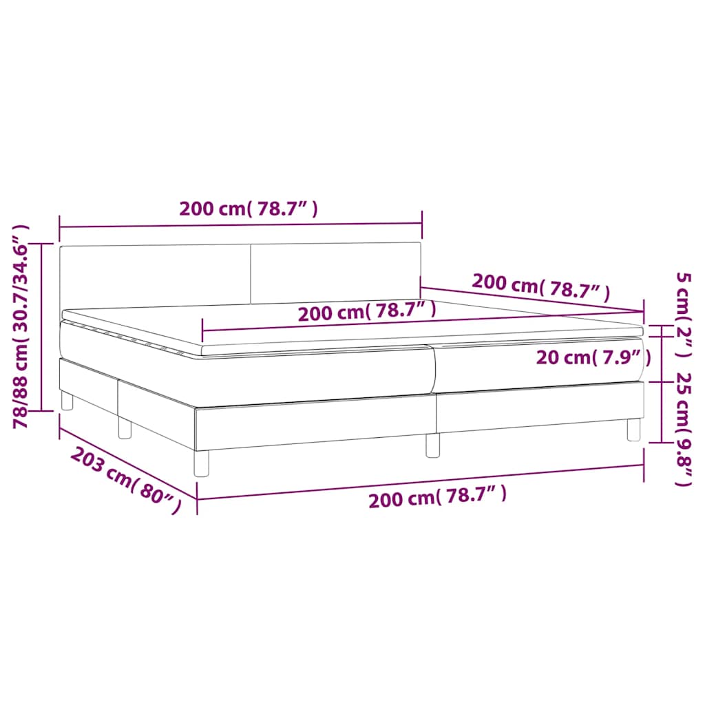 világosszürke bársony rugós és LED-es ágy matraccal 200x200 cm