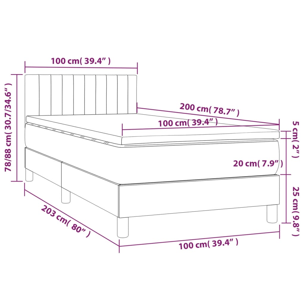 sötétszürke bársony rugós és LED-es ágy matraccal 100x200 cm