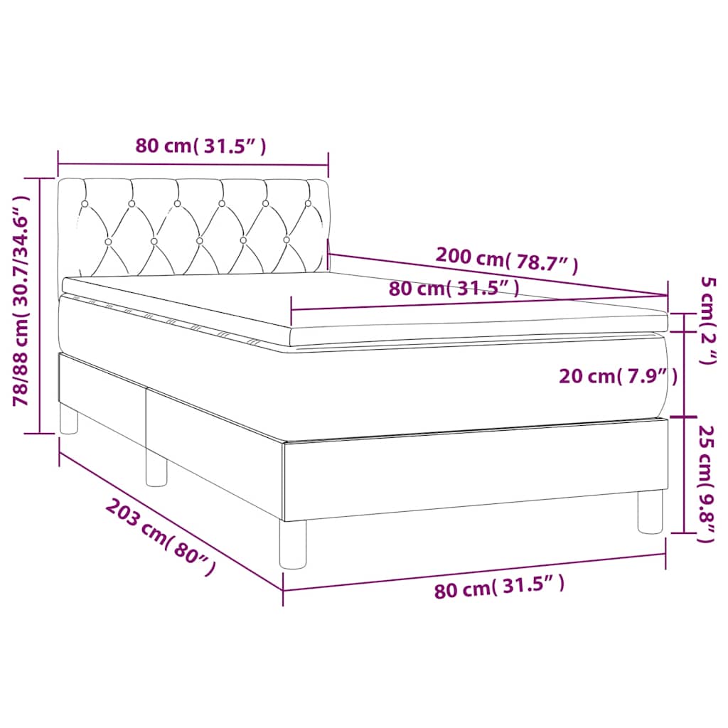 világosszürke bársony rugós és LED-es ágy matraccal 80 x 200 cm