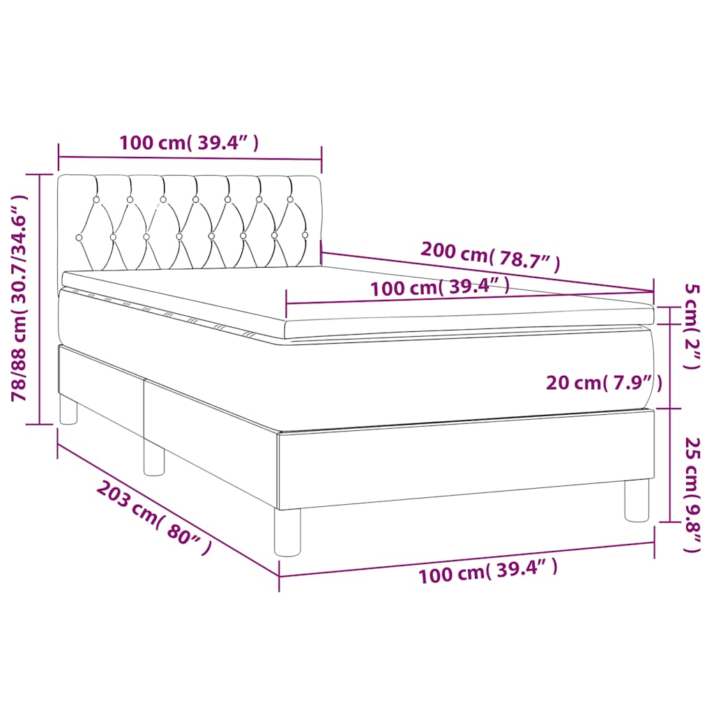 sötétzöld bársony rugós és LED-es ágy matraccal 100x200 cm