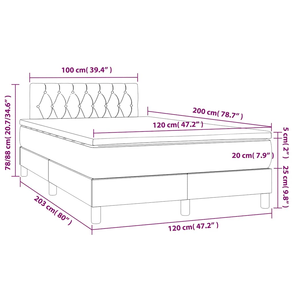 sötétkék bársony rugós és LED-es ágy matraccal 120x200 cm