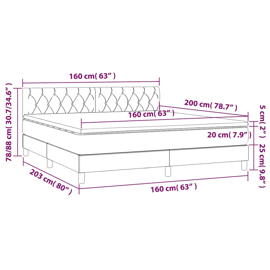 sötétkék bársony rugós és LED-es ágy matraccal 160x200 cm