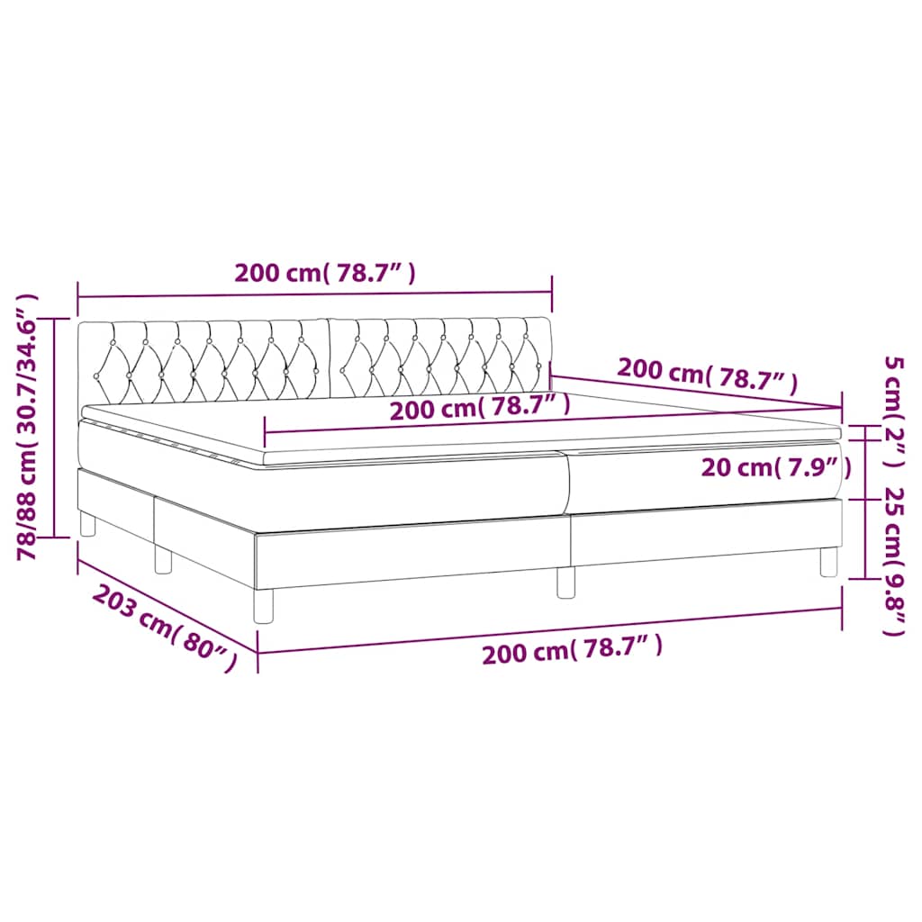 sötétkék bársony rugós és LED-es ágy matraccal 200x200 cm