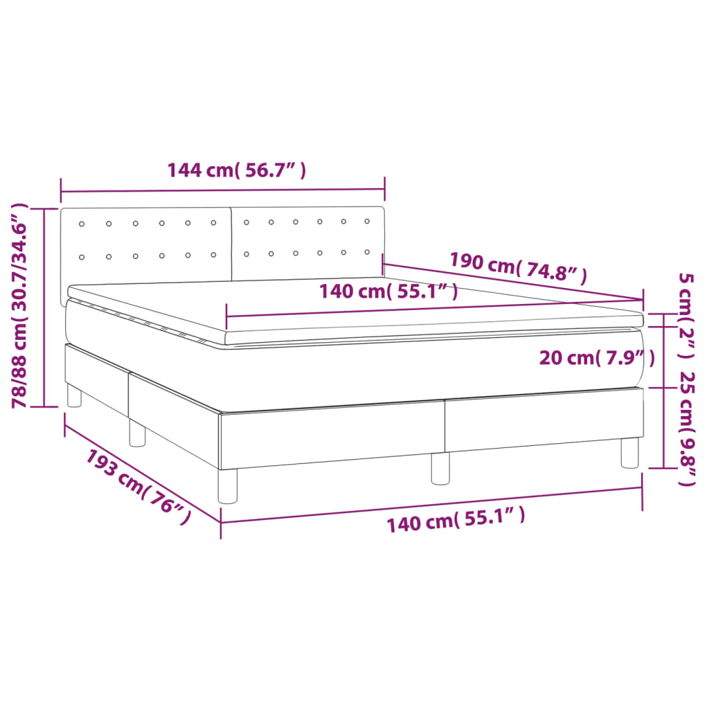 világosszürke bársony rugós és LED-es ágy matraccal 140x190 cm