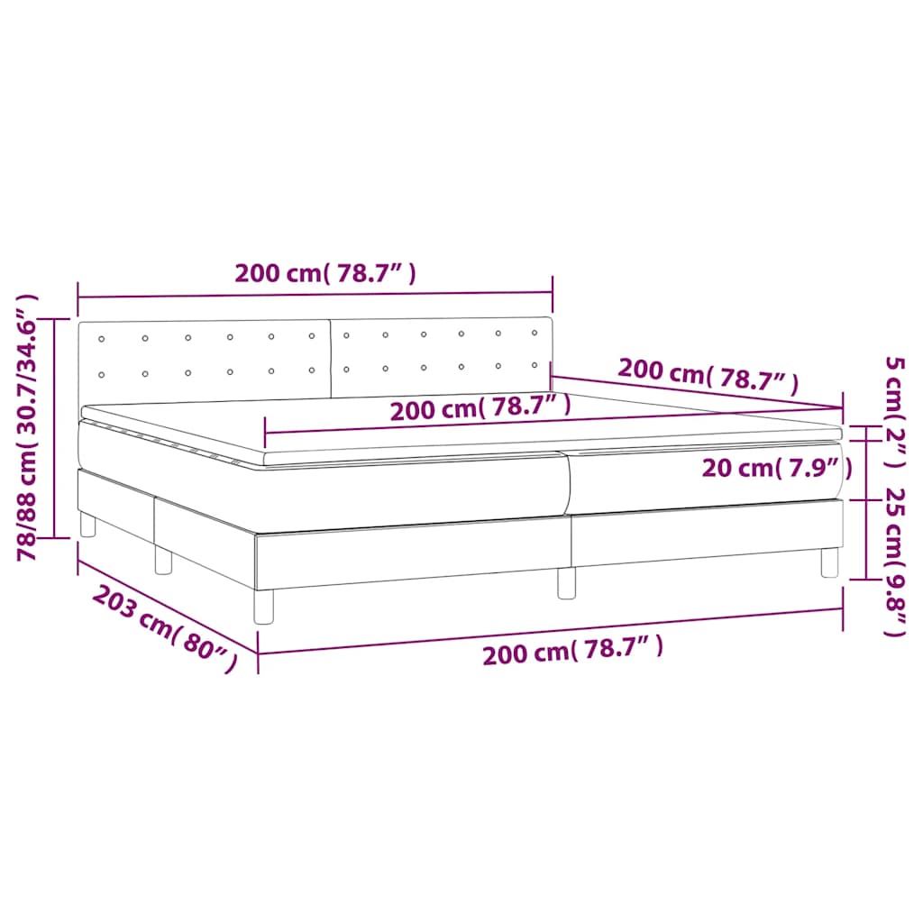 fekete bársony rugós és LED-es ágy matraccal 200x200 cm