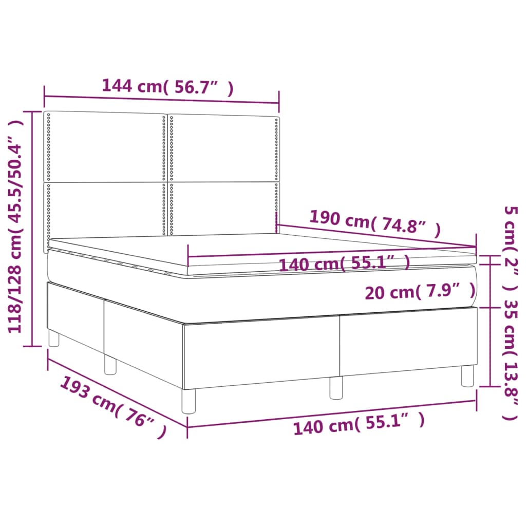 barna szövet rugós és LED-es ágy matraccal 140x190 cm
