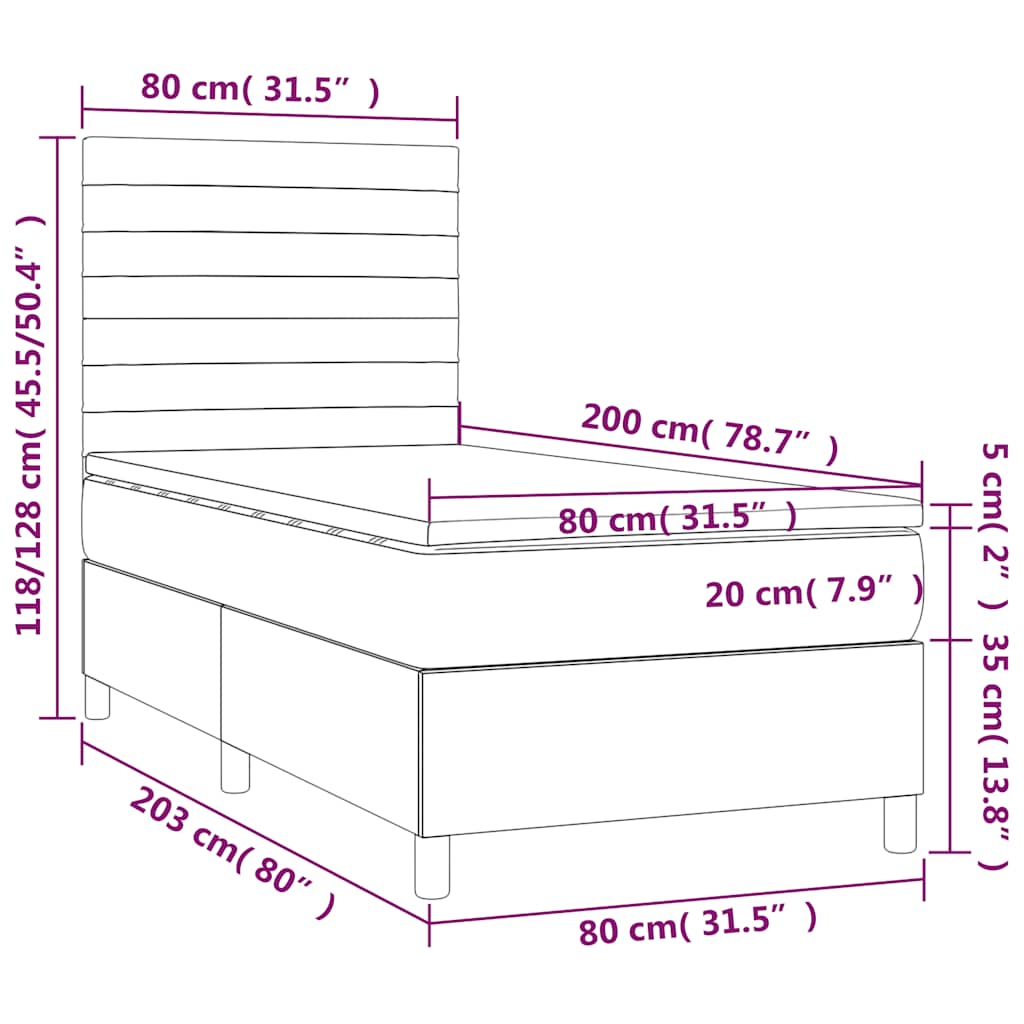 fekete szövet rugós és LED-es ágy matraccal 80 x 200 cm