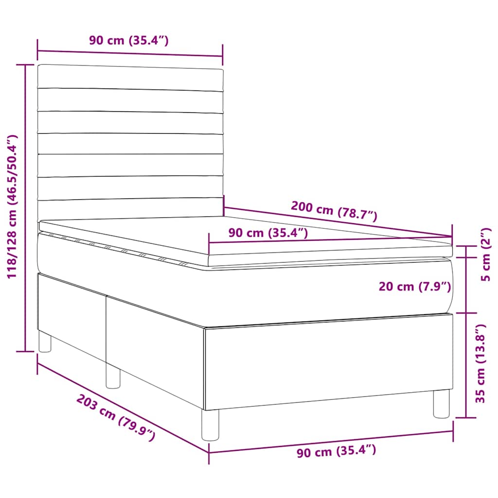 barna szövet rugós és LED-es ágy matraccal 90x200 cm