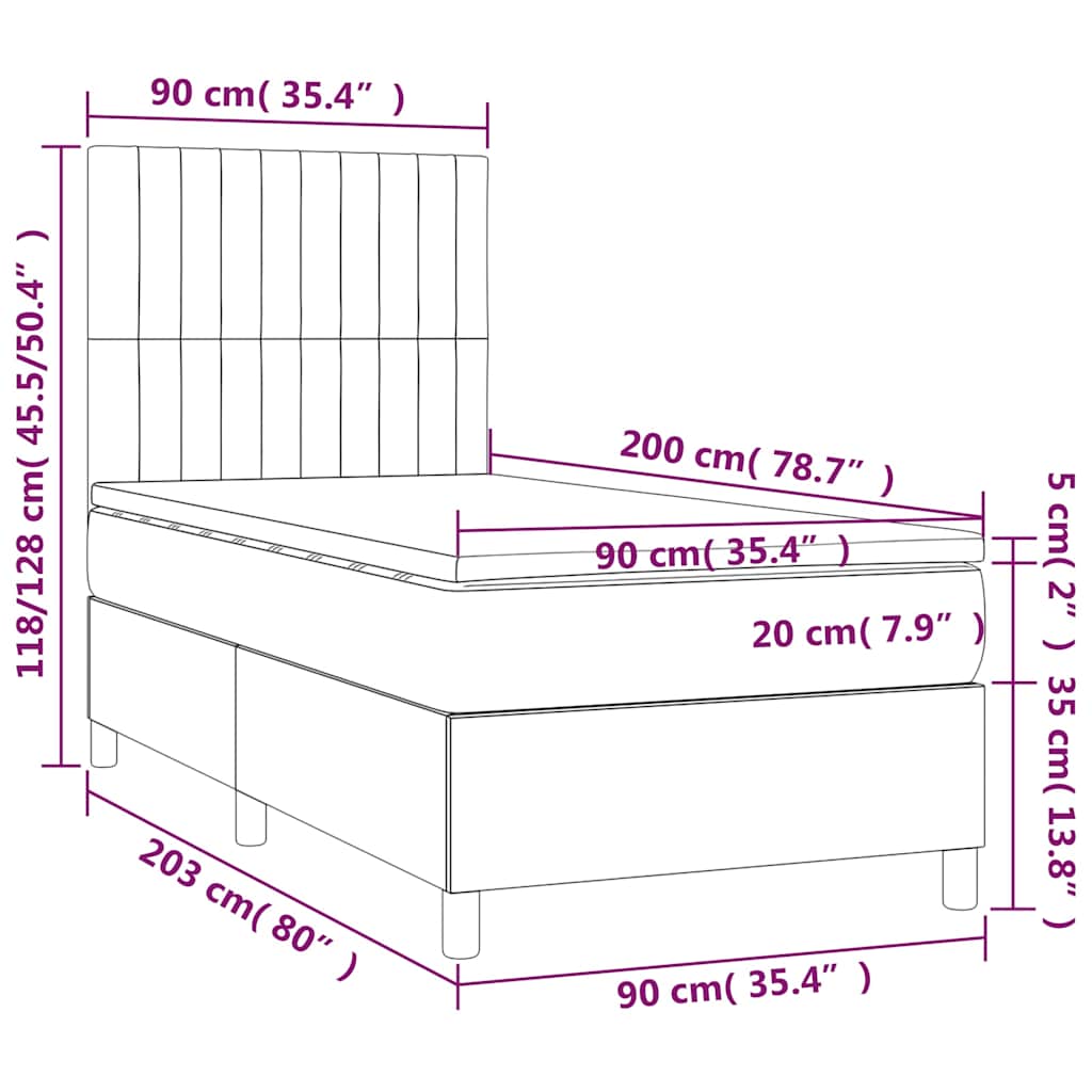 barna szövet rugós és LED-es ágy matraccal 90x200 cm