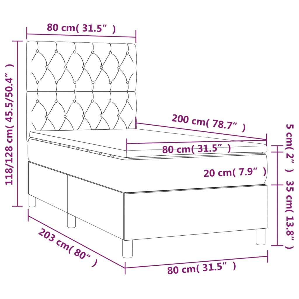 sötétszürke szövet rugós és LED-es ágy matraccal 80 x 200 cm