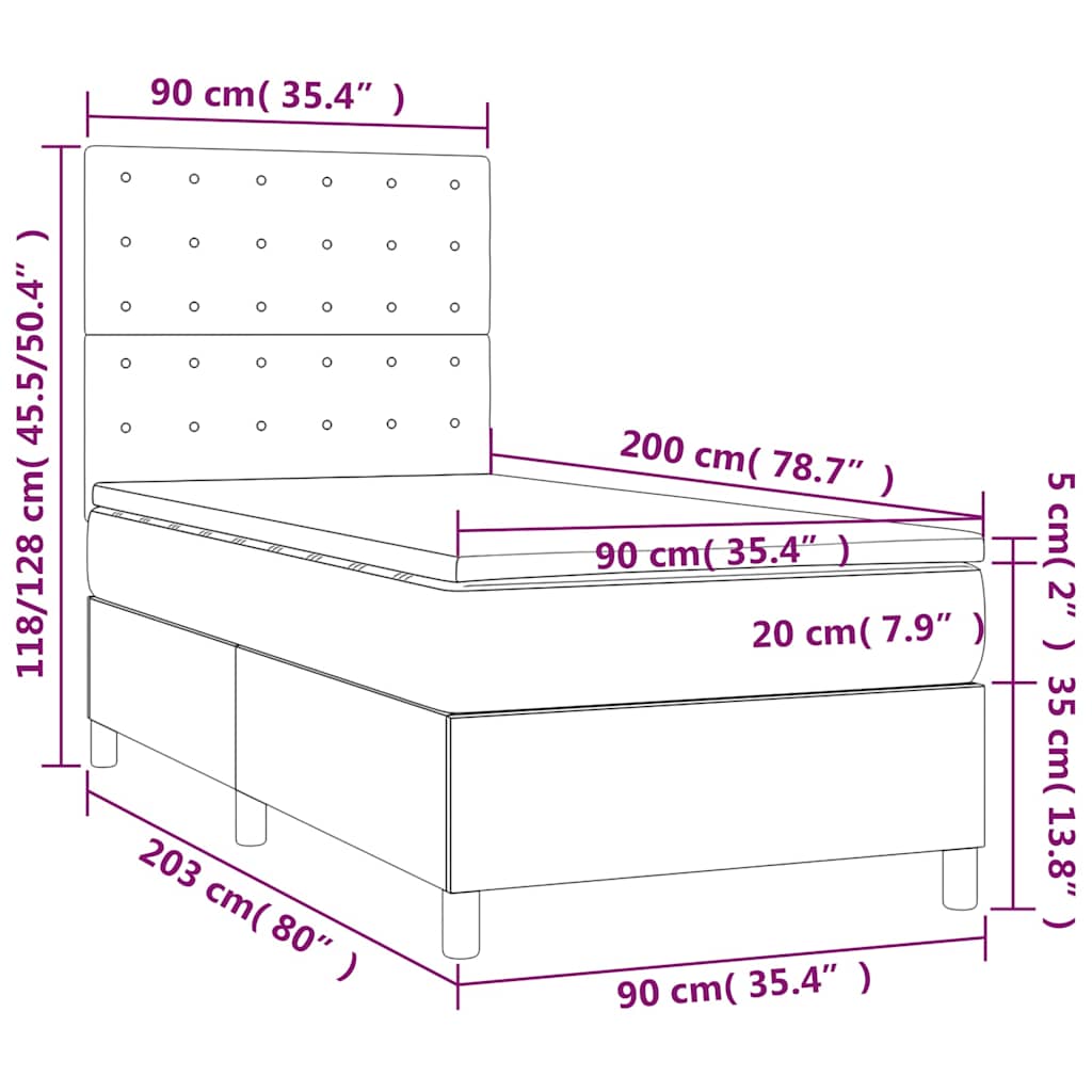 barna szövet rugós és LED-es ágy matraccal 90x200 cm