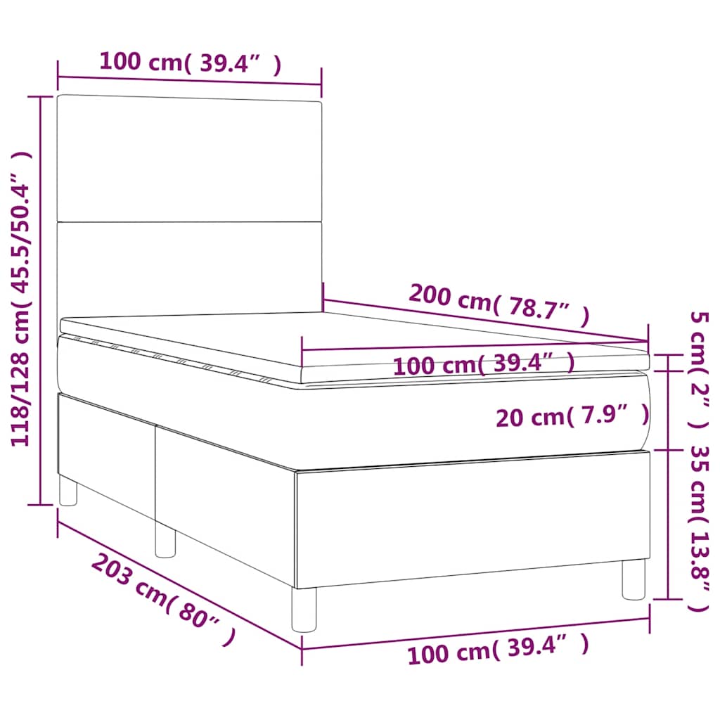 fekete szövet rugós és LED-es ágy matraccal 100x200 cm