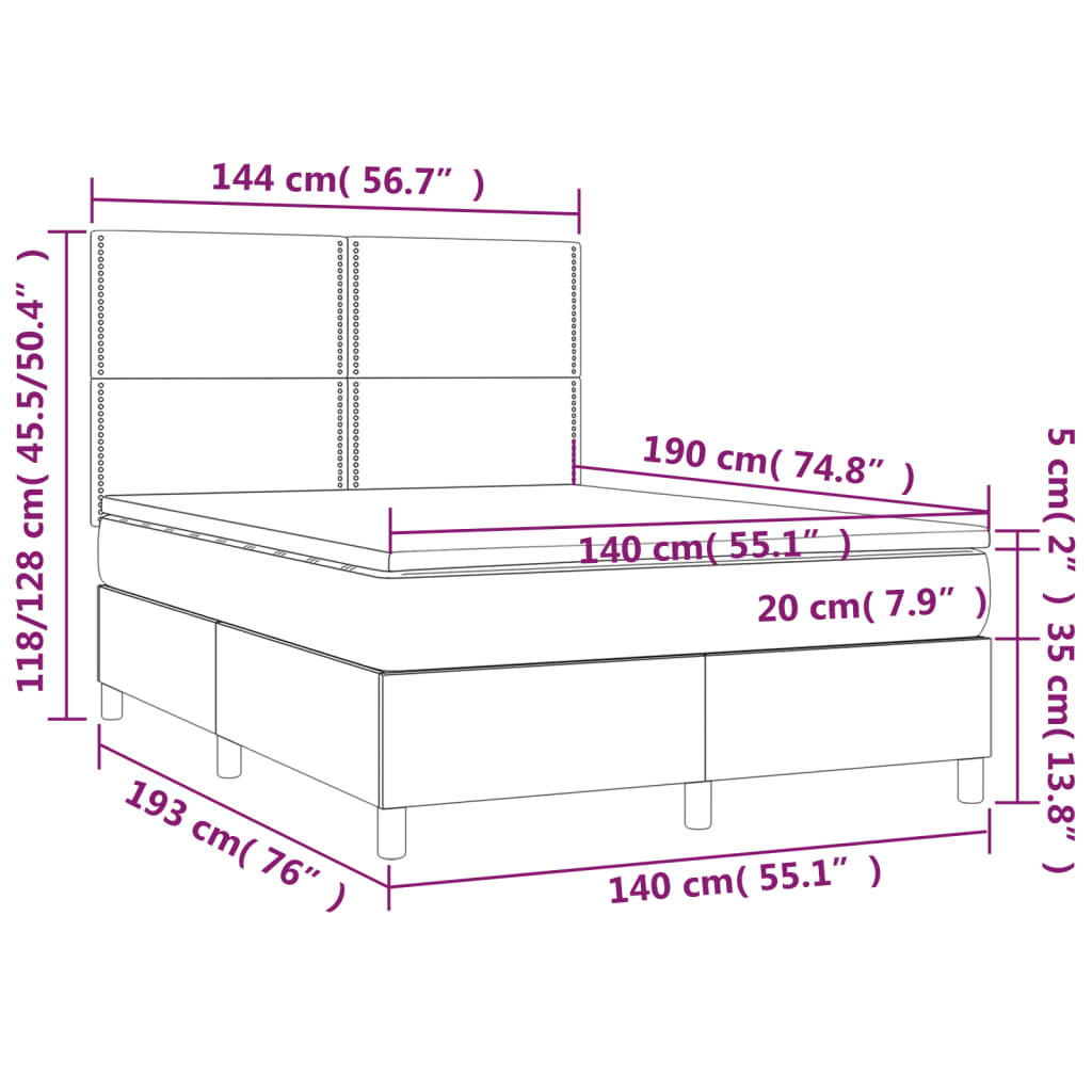 fekete szövet rugós és LED-es ágy matraccal 140x190 cm