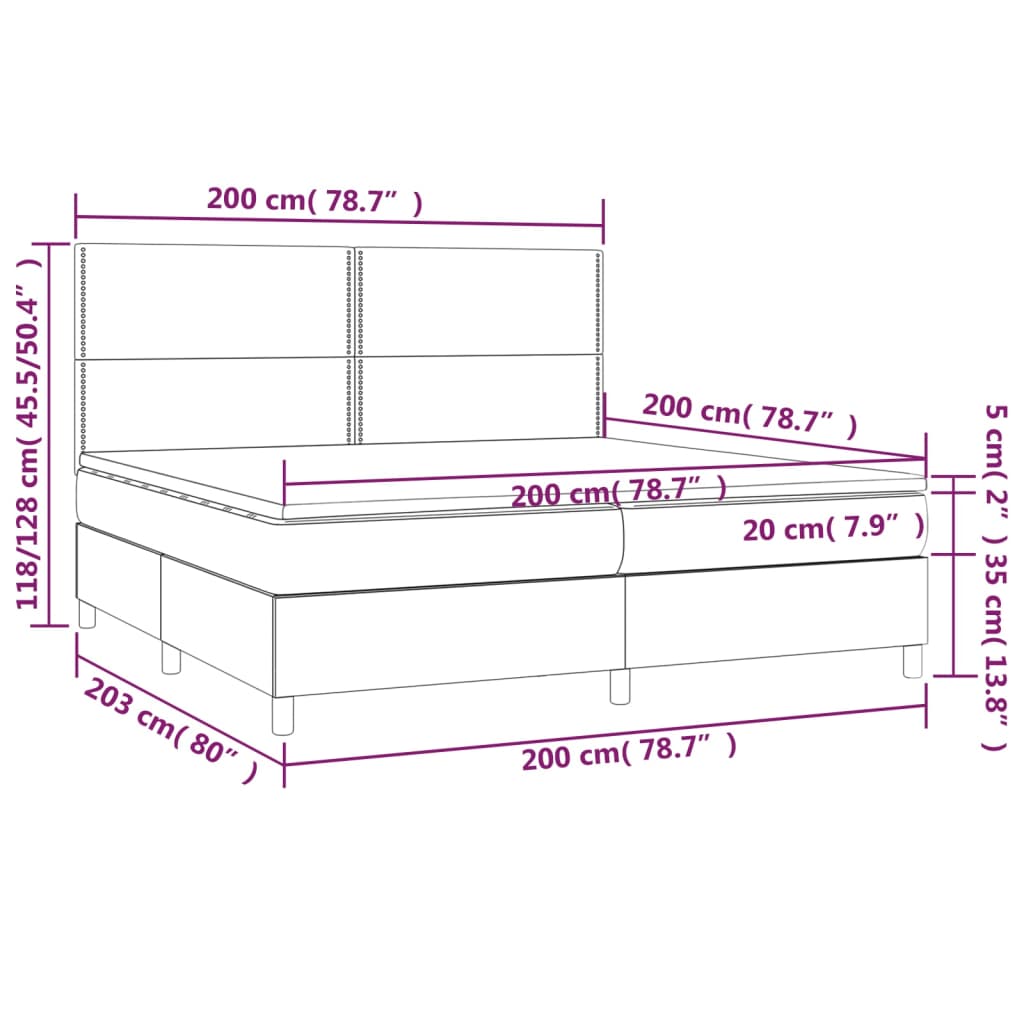 sötétszürke szövet rugós és LED-es ágy matraccal 200x200 cm