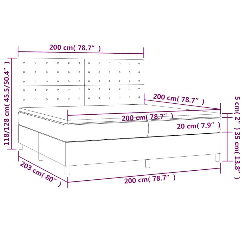 sötétszürke szövet rugós és LED-es ágy matraccal 200x200 cm